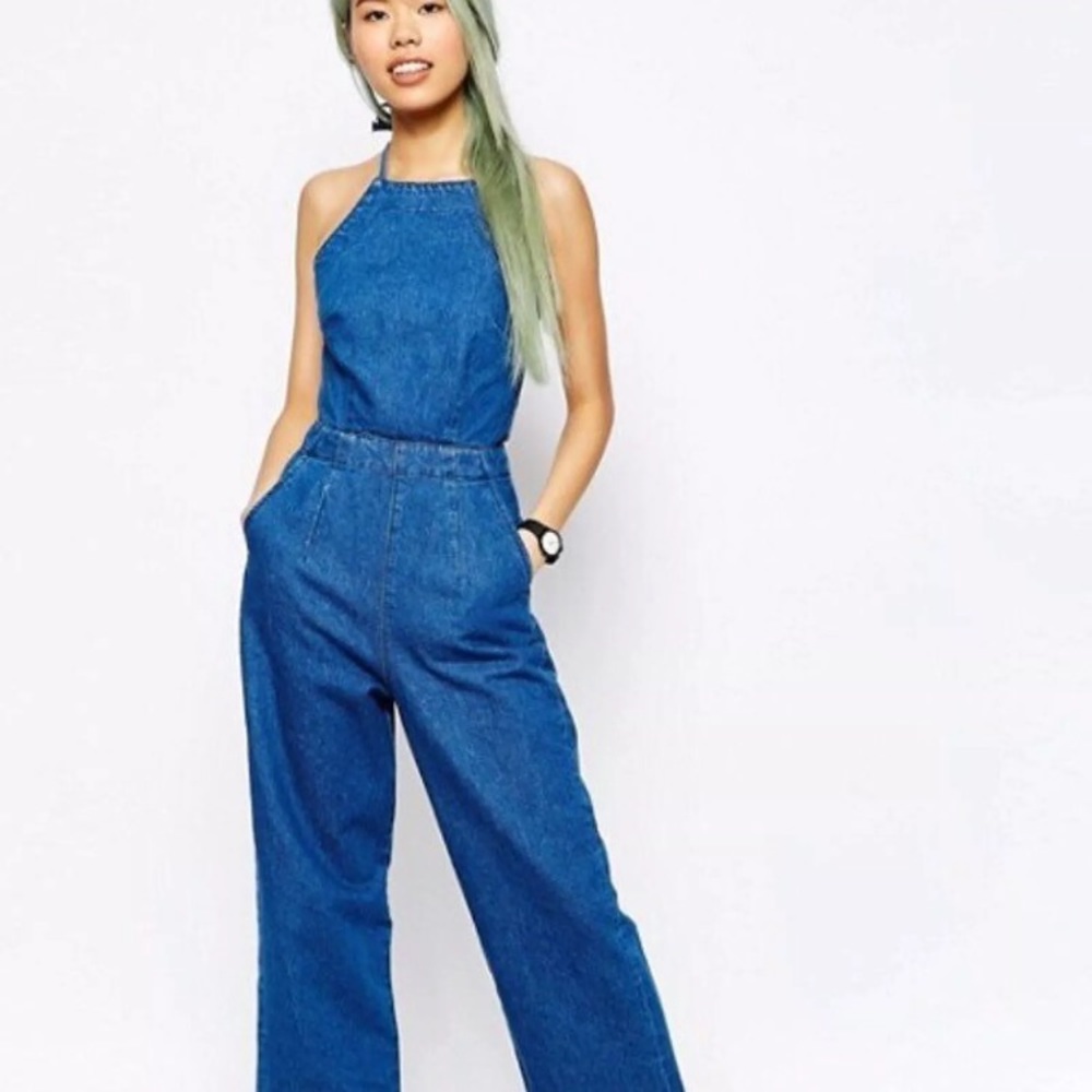Asos 70s Halter Denim jeans Wideleg Jumpsuit